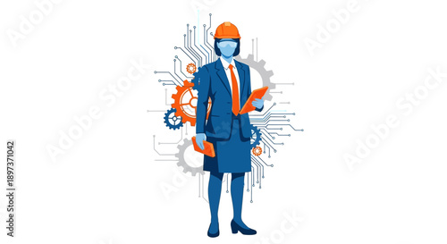 Illustration of a scientist in a business suit and hard hat standing confidently with a gear behind, representing International Day of Women and Girls in Science, with a modern design and