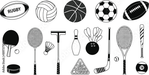 Comprehensive black and white sports equipment icon collection featuring various balls for soccer basketball tennis and rugby with rackets for athletic competition design graphics.