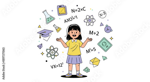 Illustration of a little girl surrounded by science-related icons and symbols on a clean white background, representing the international day of women and girls in science.