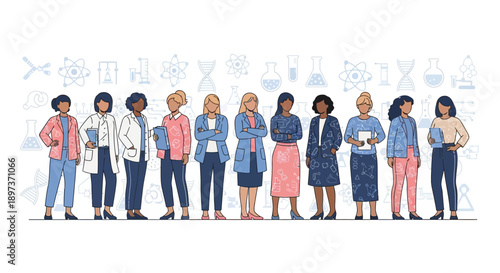 Illustration of diverse women and a little girl in science-related icons background for International Day of Women and Girls in Science.