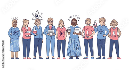 Illustration of a diverse group of women and a little girl in science, representing International Day of Women and Girls in Science, with a design featuring icons and icons against a clean