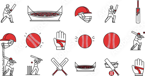 Comprehensive cricket sports vector collection featuring professional players in action with red and white equipment including bats helmets balls stadium and umpire icons.