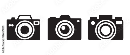 Collection of Black Camera Icons with Different Designs, Isolated on White Background.
