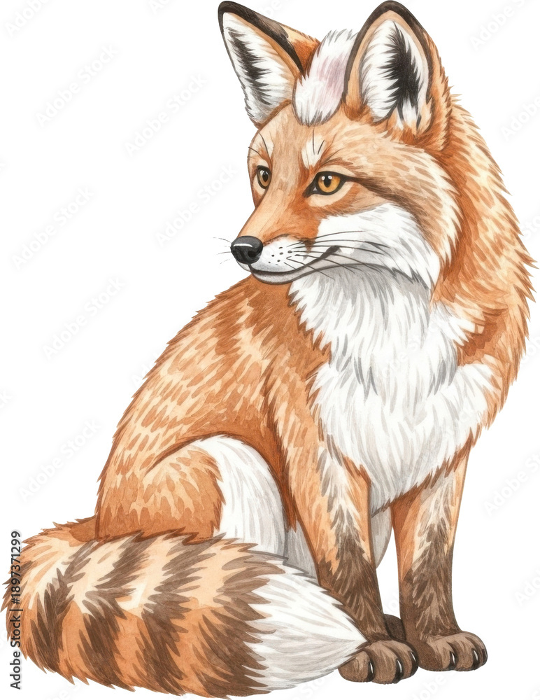 Obraz premium A detailed illustration of a sitting red fox digitally painted on transparent background
