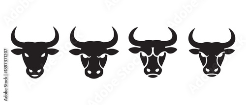 Set of Bull Head Silhouettes with Different Horn Styles, Isolated on White Background.