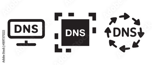 Set of DNS Icons. Monitor, Boxed Text, and Circular Arrows, Isolated on White Background.