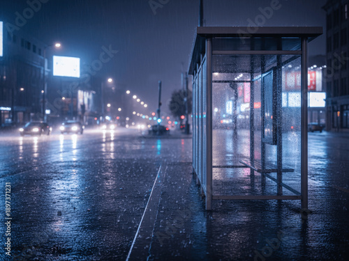 Empty Bus Stop Shelter in City Street During Heavy Rain at Night with Neon Lights