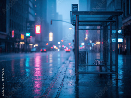 Empty Bus Stop Shelter in City Street During Heavy Rain at Night with Neon Lights