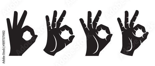 Black Silhouette OK Hand Gestures Collection, Perfect Sign, Success Symbol, Isolated on White Background.