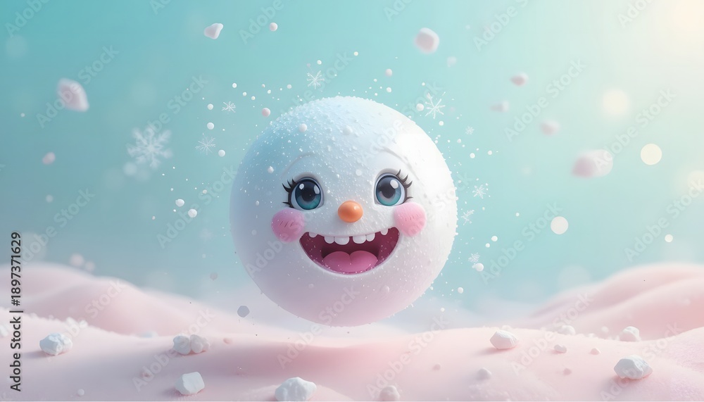 Obraz premium cute smiling snowball character on pink snowy field illustration