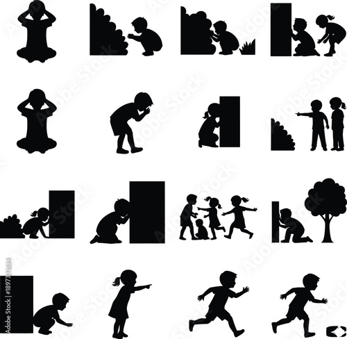 Kids Playing Hide and Seek Silhouette Set - Children Hiding, Fun Games and Playful Icons