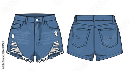 Distressed denim shorts, front and back view, ripped texture, fashion garment, summer wear, casual clothing, frayed edges, stylish apparel, vector illustration
