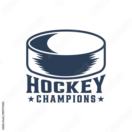 logo design hockey champions with hockey puck and hockey stick vintage illustration for t shirt, badge etc