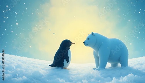penguin and polar bear facing each other winter snow background