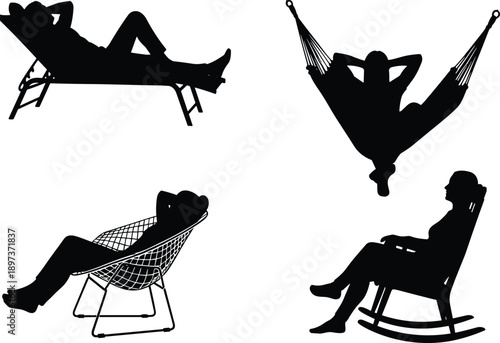 Silhouette collection of people relaxing in hammocks deck chairs and rocking chairs representing leisure time comfort wellness and mental health at home or vacation