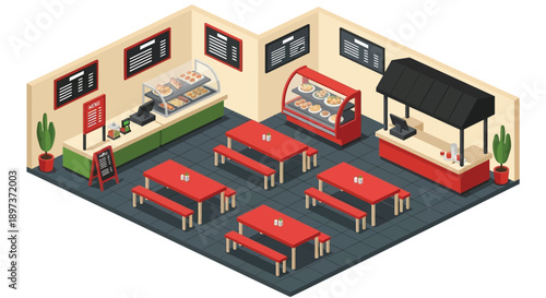 Isometric illustration of a vibrant and detailed bakery interior scene
