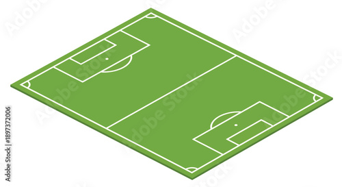 Isometric view of a green soccer field with goals and markings