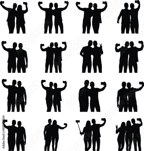 People Taking Selfie Silhouette Set - Friends Mobile Photography and Social Media Icons