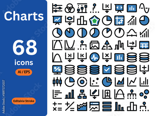 Charts and Data Visualization Icon Set: 68 Editable Stroke Line Icons for Business Analytics, Infographics, Statistics, and Financial Reports