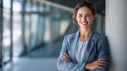 A confident businesswoman standing in a modern office building with a blurred background