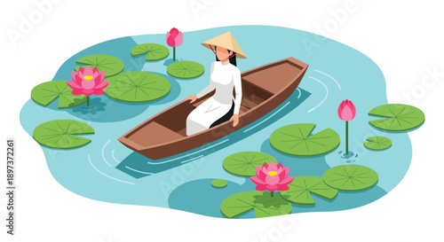A woman in a traditional vietnamese hat rowing a boat among lotus flowers