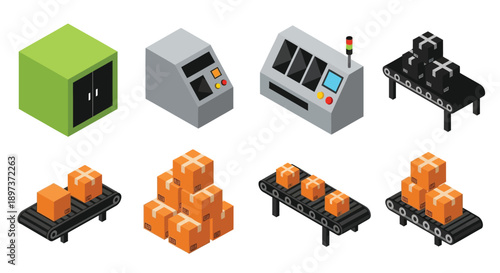Isometric illustration of automated factory machinery and packaged goods