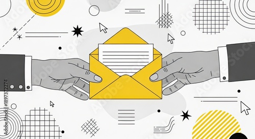 Email marketing promotion strategy hands with letter and abstract elements on white background vector design