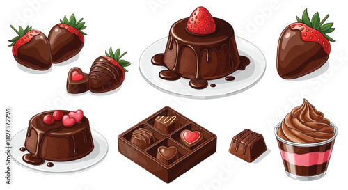 Chocolate Dessert and Strawberry Sweets Clipart Set, Truffles, Cake, Romantic Treats
