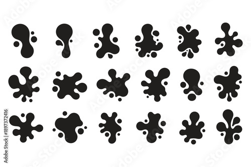 A collection of abstract black inkblot shapes are arranged in a grid like pattern on a plain white