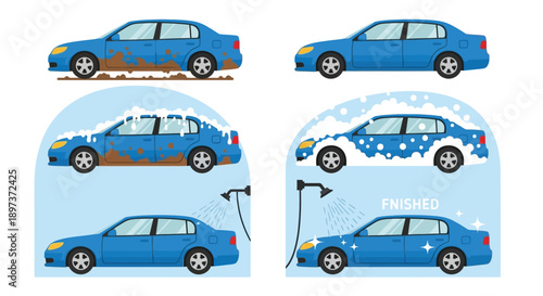 A blue car undergoes a detailed cleaning process from dirty to sparkling