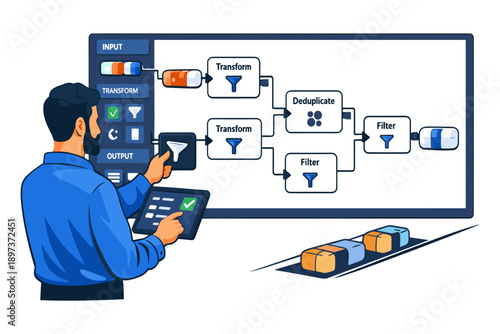 Data Pipeline Workflow with Transform, Filter and Deduplication Processes. Illustration of a data pipeline workflow showing input, transformation, filtering and deduplication stages. 