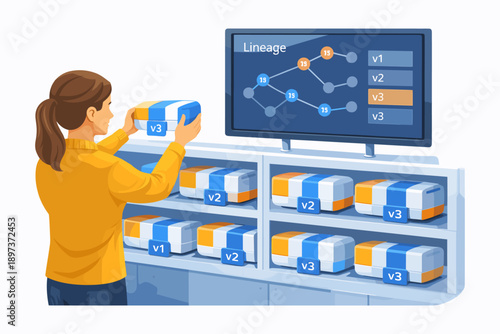 Data Lineage and Version Control Concept in Data Management System. Conceptual illustration of data lineage and version control showing data versions and dependencies. Represents data governance.