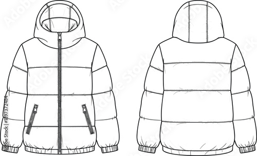 Puffer jacket fashion flat, front and back view, hooded quilted design, zippered pockets, elastic cuffs and hem, technical garment sketch, winter clothing illustration