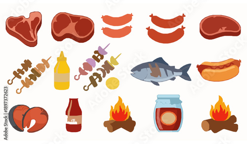 Cartoon BBQ picnic food icon set meat fish and grill items flat vector on white