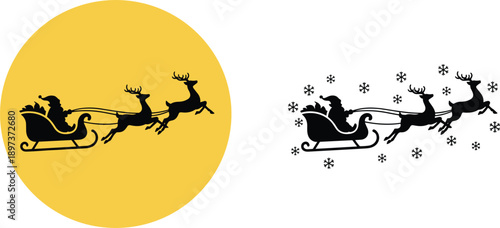 Black Santa Claus sleigh silhouettes with flying reindeer in yellow moon circle and snowflake accents for winter holidays.