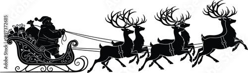 Black Santa Claus sleigh silhouette with flying reindeer and presents for traditional Christmas holiday greeting card design elements.