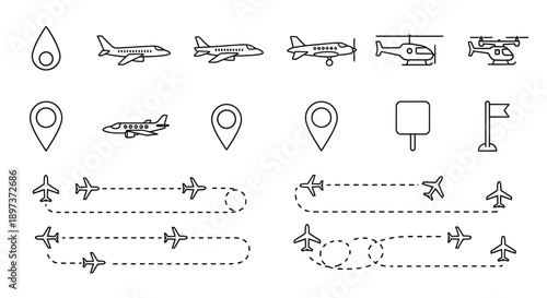 Various black and white line drawings depicting airplanes helicopters and location pins
