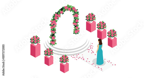 Isometric illustration of a bride walking towards a floral wedding arch