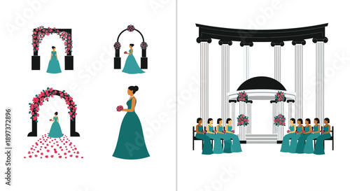 Wedding elements arches bride and guests in a simple illustration style