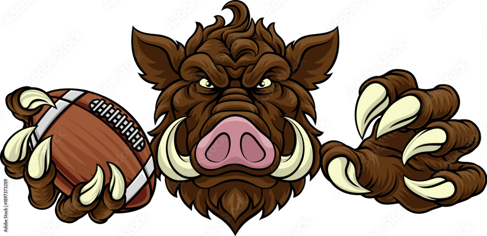 Fototapeta premium A wild boar, hog razorback warthog pig mean tough cartoon sports mascot holding an American football ball