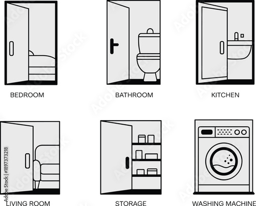 Household room icons, home interior illustration, bedroom bathroom kitchen living room storage washing machine, furniture appliance decor, educational design reference