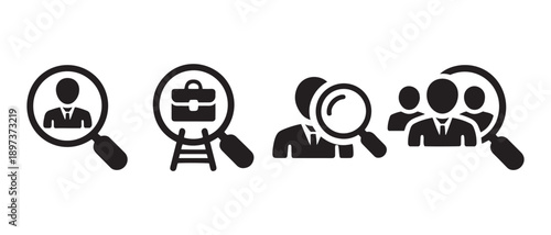 Job Search Icons. Magnifying Glass Over People, Briefcase, and Team, Isolated on White Background.