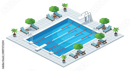 Isometric illustration of a bright blue swimming pool with lounge chairs
