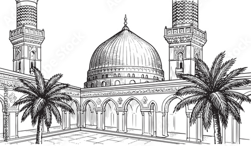 Detailed black and white line art illustration of Masjid an-Nabawi in Madina with dome and minarets, palm trees, sacred Islamic mosque, religious worship and spiritual travel concept