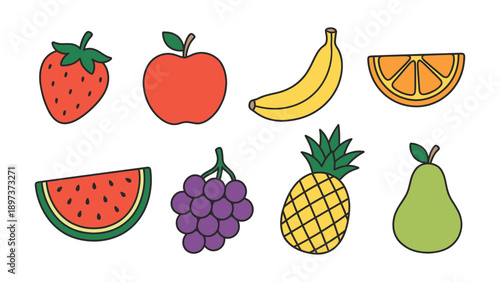 Collection of simple flat vector fruit illustrations isolated on white. Includes strawberry, apple, banana, orange, watermelon, grapes, pineapple, and pear. Perfect for stickers and design elements.