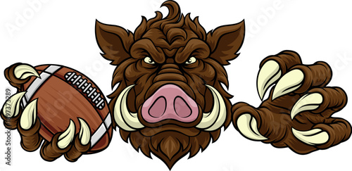 A wild boar, hog razorback warthog pig mean tough cartoon sports mascot holding an American football ball