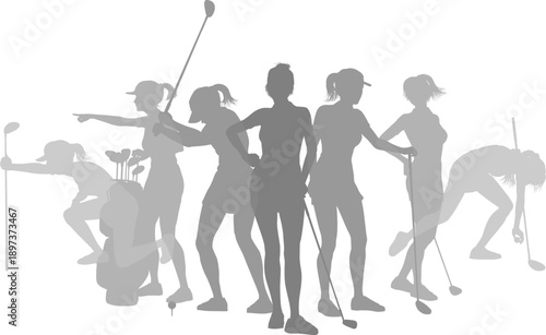 Silhouette golf player set. Active golfers golfing sports people healthy players fitness silhouettes concept.