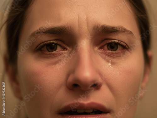 Close Up Portrait of a Crying Woman with Tears Streaming Down Her Face and Sad Expression