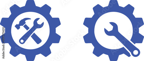Blue gear with wrench and hammer tools