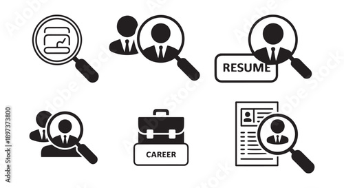Job Search and Recruitment Icons. Magnifying Glass on People, Resume, Career, Isolated on White Background.